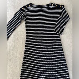 Talbots Nautical Stripe Dress Gold Button Shoulder Navy White Knit Size S